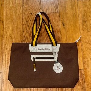 Lancel Brown Tote Bag with Yellow Straps